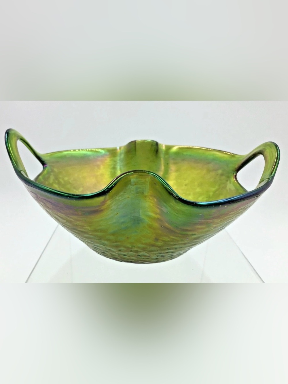 Kralik Punched Handle Art Nouveau Iridescent Double Fold Rim Art Glass Bowl Vase